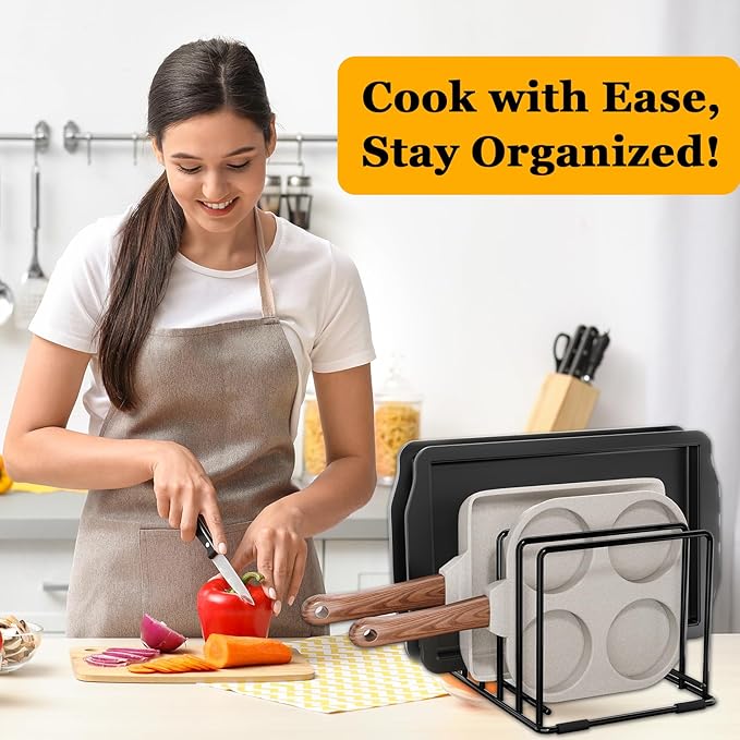 Kitchen Pan Organizer and Pot Rack, 5-Slot Steel Holder for Thin Pans, Baking Trays, and Cutting Boards - Space-Saving Storage