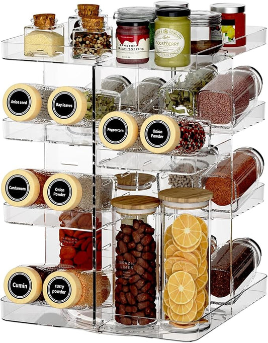 Revolving Spice Rack Organizer for Cabinet, DIY Adjustable 8 Tier Clear Rotating Spice Shelf Countertop, Space Saving Lazy Susan Seasoning Organizer for Kitchen, Pantry Cupboard Storage Turntable