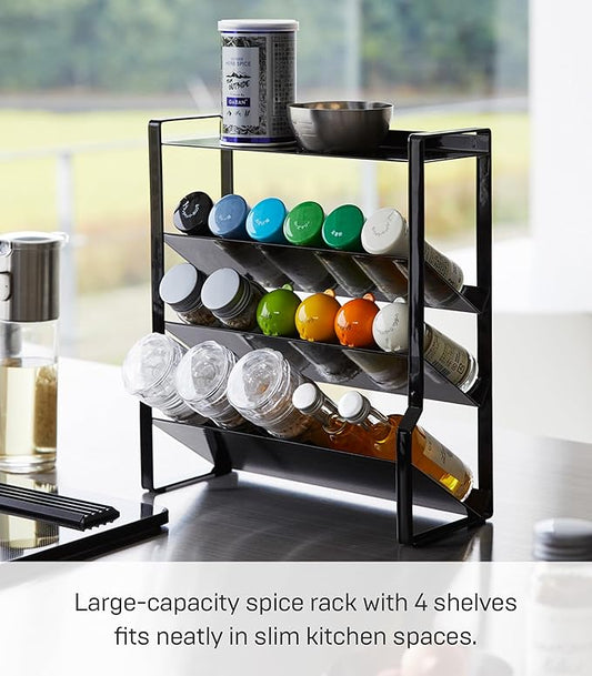 Yamazaki Home Tower 4-Tier Slim Spice Rack Organizer - Large Capacity, Angled Shelves, Flat Top Tier - Ideal For Countertops And Stove Sides - Steel