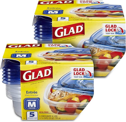 Glad GladWare Entrée Food Storage Containers Lock Tight Seal | BPA Free | Medium Square Plastic Containers Hold Up to 25 Ounces of Food, 5 Count - 2 Pack