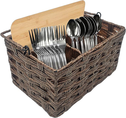 Kovot Poly-Wicker Woven Cutlery Storage Organizer Caddy Tote Bin Basket for Kitchen Table, Cabinet, Pantry, Indoor & Outdoor - Woven Polypropylene | Measures 9.5" x 6.5" x 5" (Dark Brown)