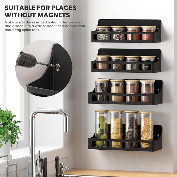 Magnetic Spice Rack for Refrigerator and Oven, 4 Pack Moveable Magnetic Shelves for Spice Jars, Heavy Duty Seasoning Rack Easy To Install For Kitchen Pantry kitchen organizers and storage