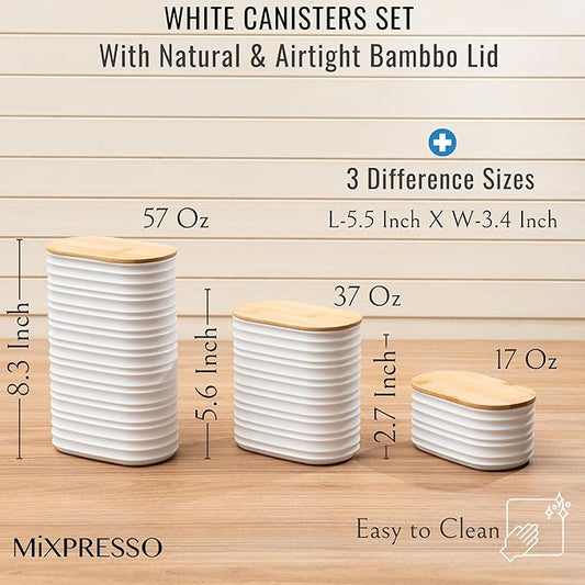 Mixpresso 3 Pcs White Canisters Sets For The Kitchen, Airtight Plastic Canister With Bamboo Lid, Coffee And Sugar Canister Set, Decorative Sugar Container, Kitchen Decor For Counter