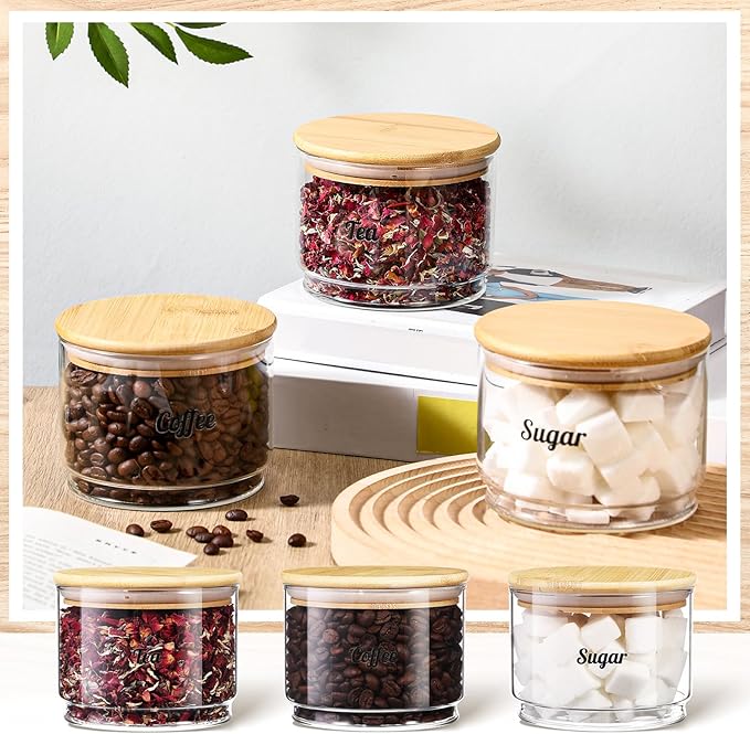 Suclain 3 Pcs 20oz Tea, Coffee, Sugar Stacking Jars Clear Glass Food Storage Jars with Lid Round Kitchen Containers with Sealing Bamboo Lid Airtight Canisters for Serving Tea Coffee Sugar with Sticker