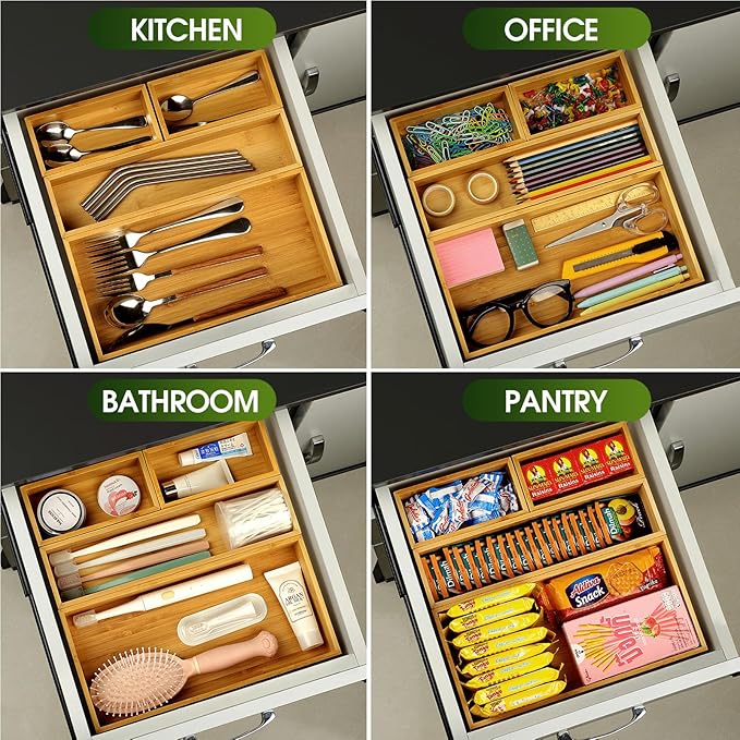 MaxGear Bamboo Kitchen Drawer Organizer, 18x12x2 Inches with 6 Adjustable Compartments, Utensils Cutlery and Flatware Storage for Silverware and Kitchen Accessories