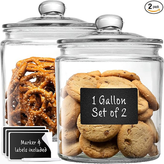 1 Gallon Glass Cookie Jars + Labels & Marker - Set of 2 Canister Sets for Kitchen Counter with Airtight Lids, Sugar Packet Holders Food Storage Containers with Lids Airtight for Pantry, Flour, Sugar,