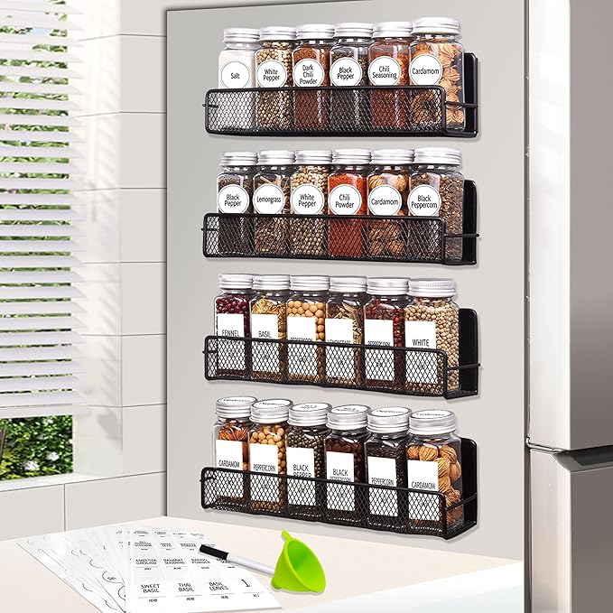 Churboro Magnetic Spice Rack for Refrigerator with Spice Jars- Includes 24 Pcs 4 OZ Seasoning Containers with Labels, 4 Space-Saving Magnetic Shelf for fridge- Perfect for Small Kitchens, Apartments