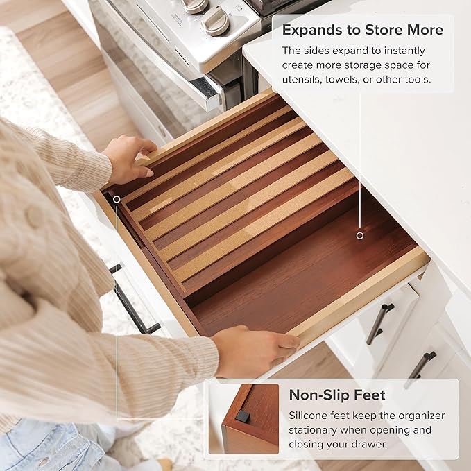 Spice Drawer Organizer with Expandable Storage. Holds up to 15 Spice Jars (Not Included), Non-Slip Feet, Kitchen Accessory Storage, 100% Sustainable Bamboo Wood (Natural Acacia)