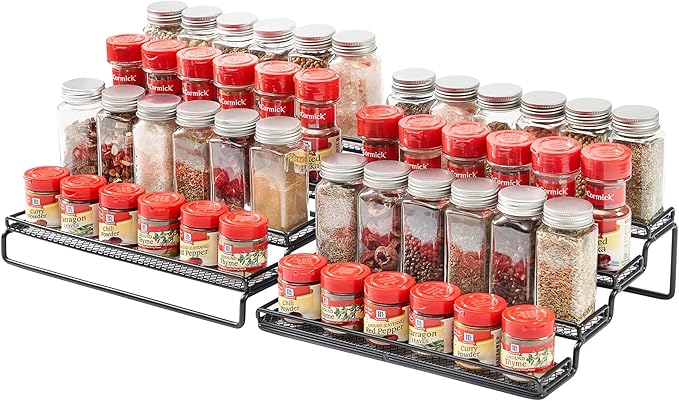 MEIQIHOME 4 Tier Expandable Spice Rack Organizer (11.4 to 22.8 Inch) Step Shelf Spice Storage Holder, for Kitchen Cabinet Countertop Cupboard Pantry, Metal, Black