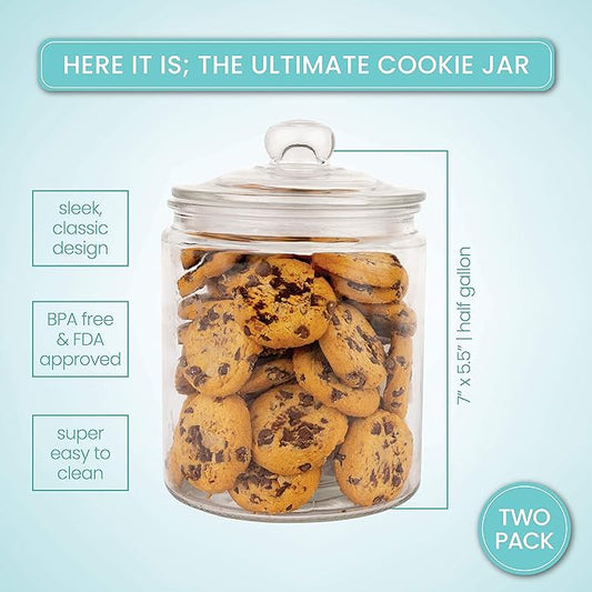 Set of 2 Glass Jar with Lid (2 Liter) | Airtight Glass Storage Cookie Jar for Flour, Pasta, Candy, Dog Treats, Snacks & More | Glass Organization Canisters for Kitchen & Pantry | 68 Ounces