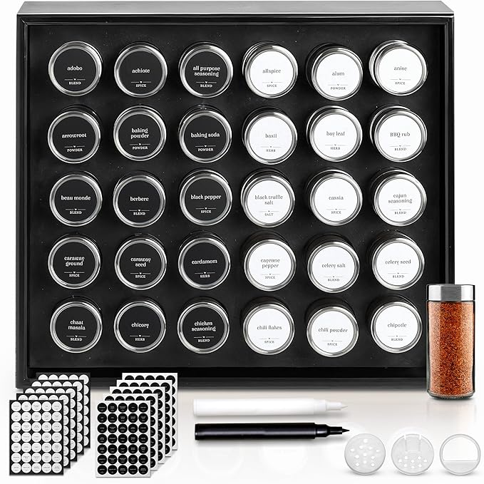 BOURBON & BARREL Wooden Spice Rack Organizer with Glass Jars | Stainless Steel Lids | Bamboo Countertop Spice Organization | 350 Waterproof Spice Labels | 2 Chalk Markers | 30 4oz Jars [Black]