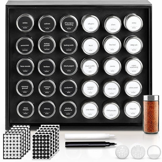 BOURBON & BARREL Wooden Spice Rack Organizer with Glass Jars | Stainless Steel Lids | Bamboo Countertop Spice Organization | 350 Waterproof Spice Labels | 2 Chalk Markers | 30 4oz Jars [Black]