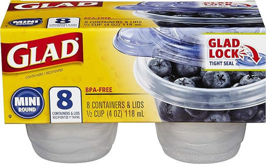 Glad Food Storage Containers, Mini Round (4 Oz) | Small Food Storage Containers for Snacks and Single Serving Use | Glad Food Containers , 8 Count (Pack of 12)