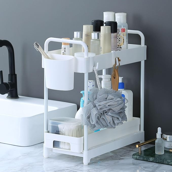 2 Pack Double-Layer Under Sink Organizer for Efficiently Utilizing Space, High Capacity and Space Saving, 2 Tier Sliding Under Sink shelf with 4 Hooks and a Cup Slot (White)