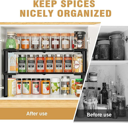 THYGIFTREE Spice Rack Organizer for Cabinet 2 Tier Expandable Metal Seasoning Organization Height Adjustable Spice Storage Shelf for Cupboard Pantry