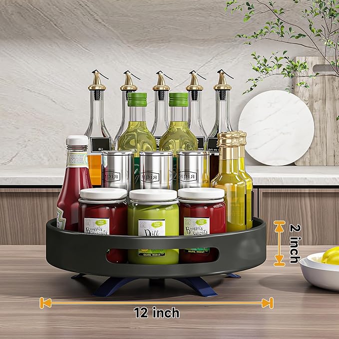 Lazy Susan Organizer Spice Rack 2 Tier,Organizer for Cabinet, Metal Lazy Turntable, Spice Shelf for Pantry, Kitchen Counter, Storage,12inch Black