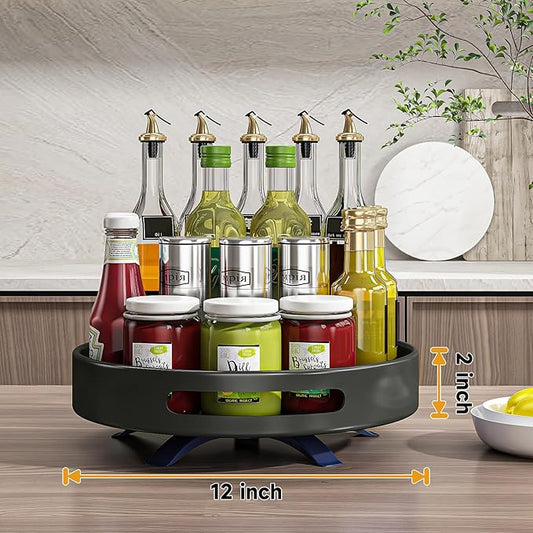 Lazy Susan Organizer Spice Rack 2 Tier,Organizer for Cabinet, Metal Lazy Turntable, Spice Shelf for Pantry, Kitchen Counter, Storage,12inch Black