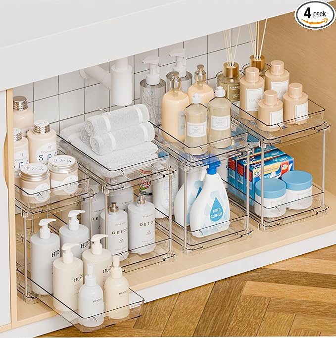Yieach 4 Pack Under Sink Organizers and Storage,Clear Acrylic Bathroom Organizer and Cabinet Organization for Makeup,Medicine,Two Tier Pull Out Cabinet Organizer Drawers for Pantry,Vanity Storage Bins