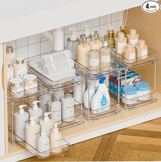 Yieach 4 Pack Under Sink Organizers and Storage,Clear Acrylic Bathroom Organizer and Cabinet Organization for Makeup,Medicine,Two Tier Pull Out Cabinet Organizer Drawers for Pantry,Vanity Storage Bins