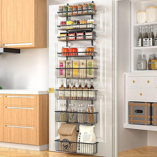 Moforoco Over The Door Pantry Organizer, Pantry Door Organizer Shelves, Kitchen Organizers and Storage, Hanging Basket Wall Spice Rack Seasoning Shelves, Laundry Room Bathroom accessories（Black