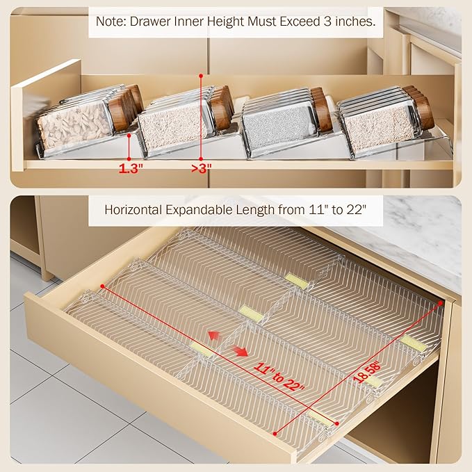 Spice Drawer Organizer, 8 Pack Clear Seasoning Organizer Rack, Kitchen Spice Rack Organizers for Drawer/Countertop (Jars Not Included, Expandable From 11" to 22" Wide)