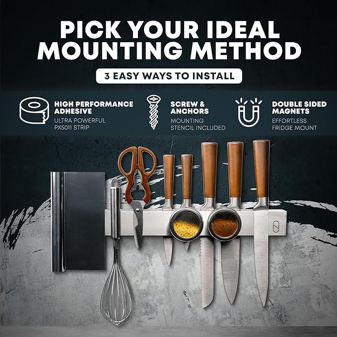 16" Adhesive Magnetic Knife Holder for Wall (No Drill) with 2x Storage - Safe, Patented Storage Design - Stainless Steel Magnet Knife Holder Strip - Magnetic Kitchen Organizer, Tool Storage