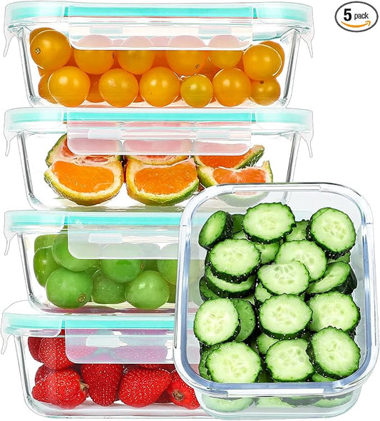 BAYZZ 35 Oz Glass Meal Prep Containers, 5 Pack Glass Food Storage Containers, Glass Bento Boxes with Lids-Dishwasher, Microwave, Oven & Freezer Friendly, Green