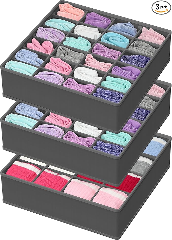 Simple Houseware Sock Drawer Organizer for Dresser/Closet/Bedroom, 3 Pack, Dark Gray