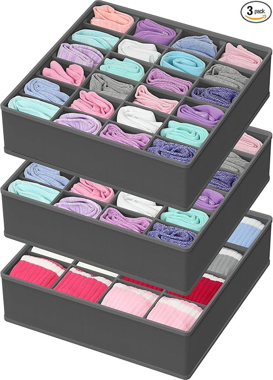 Simple Houseware Sock Drawer Organizer for Dresser/Closet/Bedroom, 3 Pack, Dark Gray