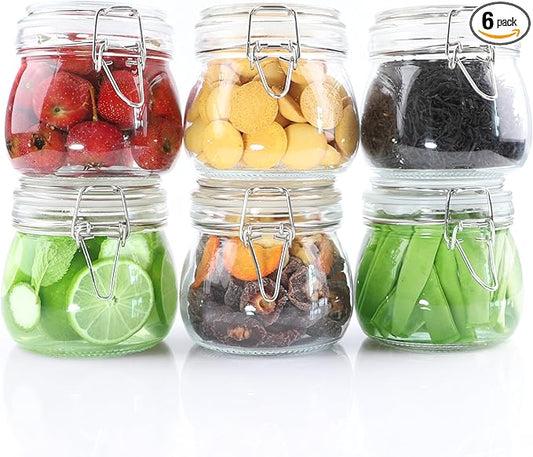 Glass Jars With Airtight Lids 16 OZ 6 Set Wide Mouth Food Storage Canisters Leakproof Sealed Jar Containers With Clamp Lids For Coffee,Sugar, Spices,Snacks, Pickles,Cereal,Tea Bags,Candy,Cookies