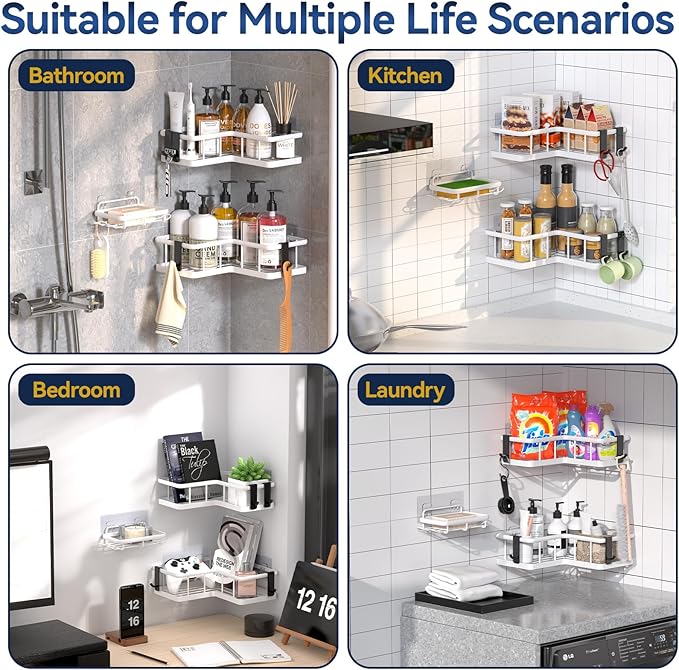 YASONIC Corner Shower Caddy Organizer, 3-Pack Adhesive Rustproof Stainless Steel Shower Shelves with Soap Holder, No Drilling Shower Storage Rack for Family Renters Bathroom, White