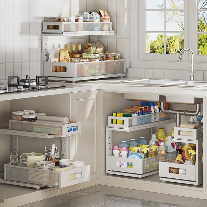 2 Pack 18.5IN-Depth Under Sink Organizer With Next-Gen Ball-Bearing Slides,2-Tier Pull Out Cabinet Storage,Height Adjustable Drawer Shelf for Bathroom,Kitchen,Laundry,Cabinet,Pantry-White