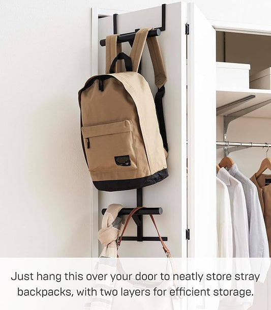 Yamazaki Home Tower Backpack Over The Door Hanger for Closet Or Bedroom, Two-Tiered Bookbag Metal Storage Rack, Easy Installation - Steel