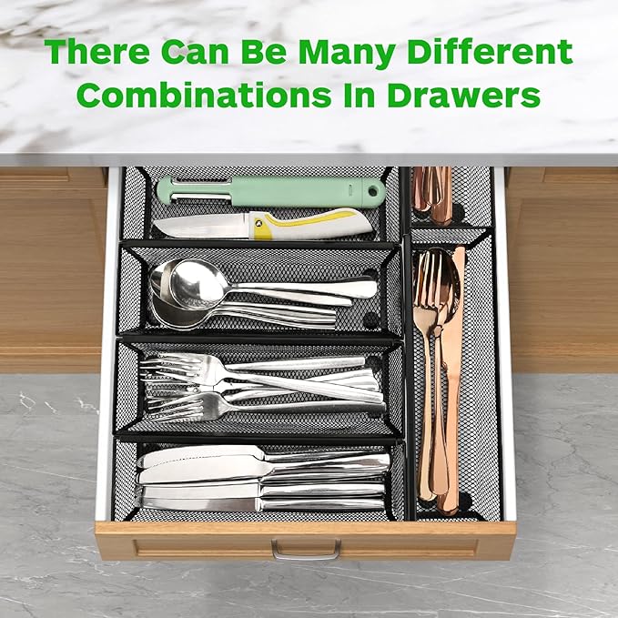 Smgmg Silverware Drawer Organizer, Silverware Organizer for Drawer, 6 Pack Utensil Organizer for Kitchen Drawers, Kitchen Drawer Organizer for Large Utensils with Interlocking Arm (9.6 * 3 * 2 inch)