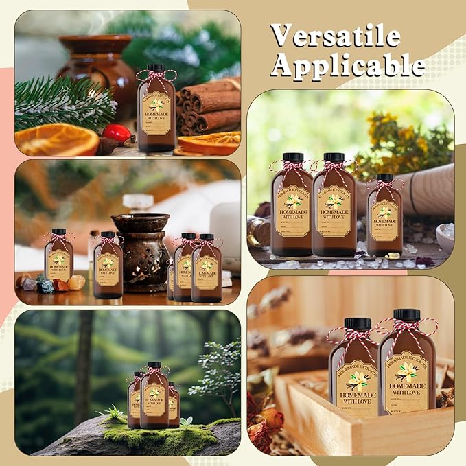12Pcs 2 oz Amber Glass Bottle Brown Round Bottles with Caps, for Vanilla Extract Homemade, with Stickers and Funnel, for Syrup Gift Glass Food Storage Canister Set, Sauce Beans, Essential Oil