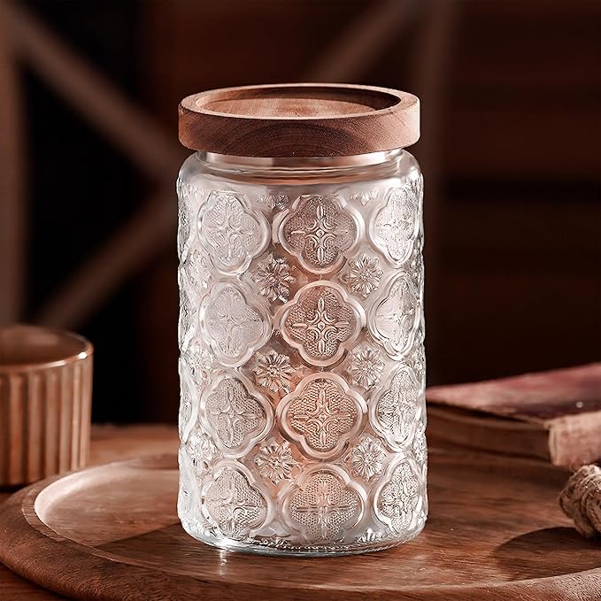 Glass Storage Jars With Airtight Lid, 23.7oz Container For Kitchen Counter with Wooden Lid, brown sugar, candy, coffee, cookie, salt, tea, cute Jar (35oz Large Begonia Flowers)