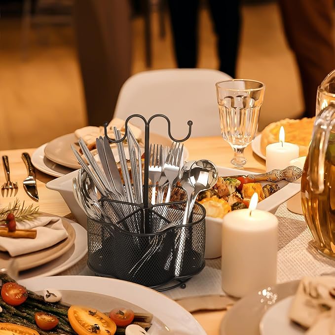 JSVER 360° Rotating Utensil Caddy 5 Compartment Silverware Cutlery Caddy Holder, Metal Tableware Organizer Countertop with Handle, Fork Spoon Flatware Storage for Office Party Picnic Kitchen, Black
