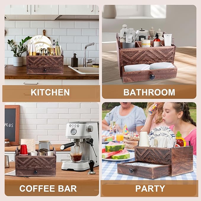 Paper Plate Dispenser with Drawer, country style Wood Kitchen Counter, Picnic, Party, Camping - Caddy Organizer for Cups, Spoons, Forks, Plates, office supplies, Napkins & Silverware