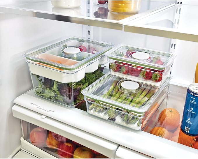 IDESIGN Large Short Produce Storage Bin with Insert Tray, The Fresh Collection – 7.85” L x 10.5” W x 3” H, Clear Bin