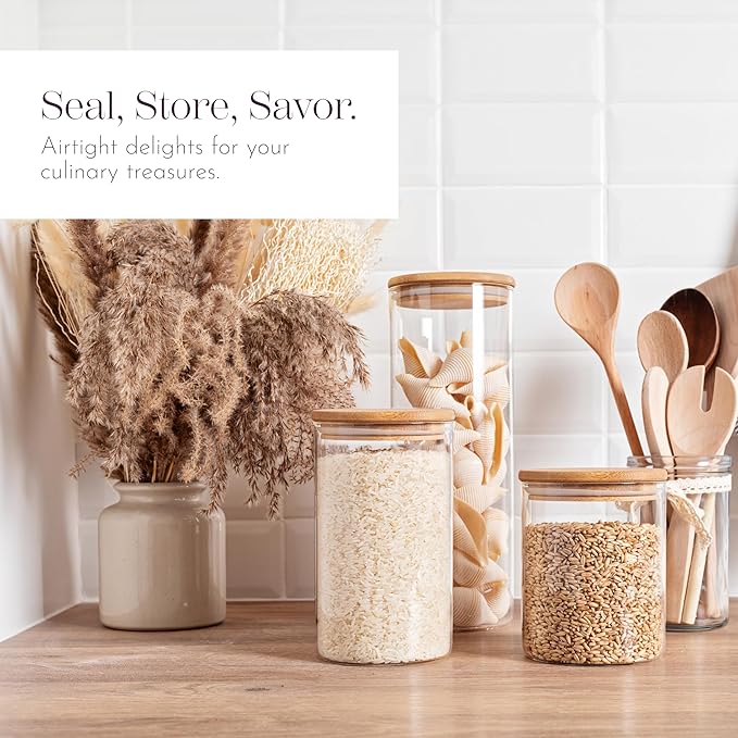 WHOLE HOUSEWARES Glass Jars with Bamboo Lids - 4-Piece Modular Set (33.8oz, 25.4oz, 15.2oz, 11.2oz) with Modern Wooden Lids - Transparent, Fresh & Convenient Air Tight Pantry Storage Containers