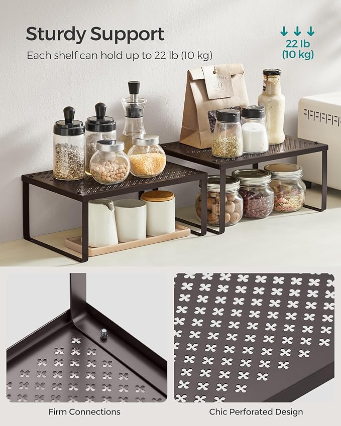 SONGMICS Spice Racks, Cabinet Shelf Organizers, Shelf Organizers, Countertop Organizers, Shelf Risers, Stackable, Expandable, Set of 4 Metal Kitchen Counter Shelves, Brown UKCS06BR