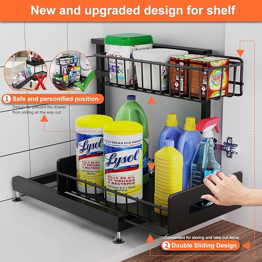 Under Sink Organizer And Storage,Pull Out Cabinet Organizer,2-Tier Slide Out Kitchen Basket Sink Shelf Cabinet Organizers,Adjustable L Shape Under Counter Organizers For Bathroom Kitchen Organization