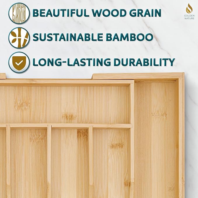Bamboo Drawer Organizer for Silverware, Utensils, Kitchen Cutlery (14x10 inch Expands to 14x15 inch), Expandable Flatware Holder for Drawers