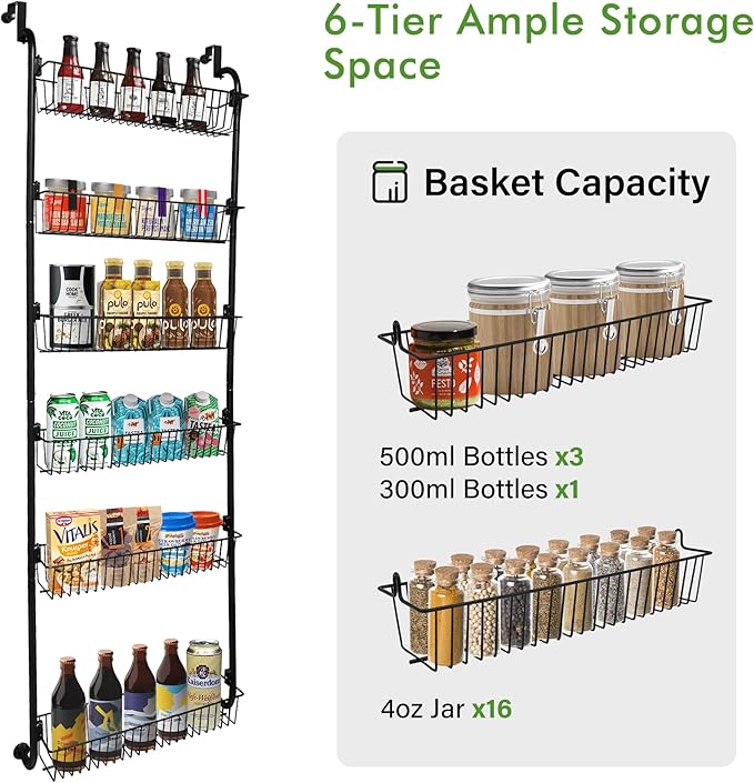 COOLFXEND Over the Door Pantry Organizer,6-Tier Pantry Door Organizers and Storage,Metal Over the Door Spice Rack for Pantry/Kitchen,Space Saving,Easy to Install,Black(6x4.72 Width Baskets)