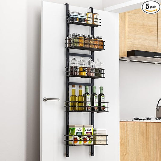 Pantry Door Organizer 12 Inch Wide, 5 Tier Hanging Adjustable Over the Door Spice Rack For Narrow Space