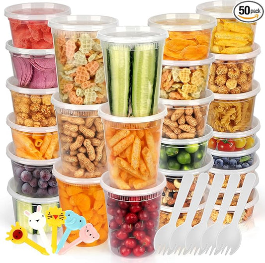 [50 Pack, 8oz, 16oz, 32oz] Food Storage Containers with Lids, BPA-Free | Airtight | Stackable Plastic Deli Containers (Includes 10 Spoons & 10 Forks), Dishwasher, Microwave & Freezer Safe