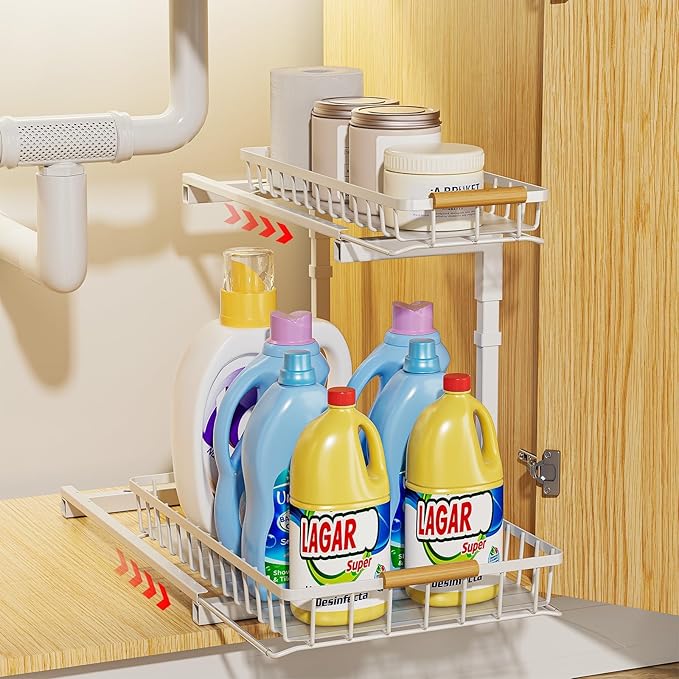 Delamu Metal Under Sink Organizer, Pull Out Cabinet Organizer, Slide Out Under Sink Storage Shelf, Undersink Organizers Shelves for Kitchen Bathroom Pantry