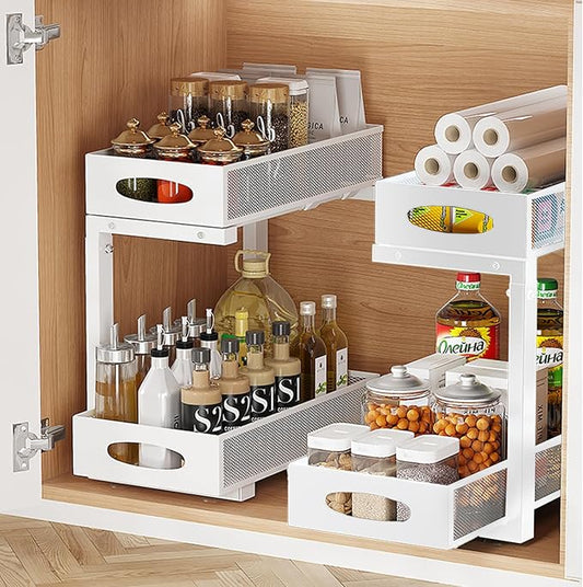 IUI 2 Tier Metal Pull Out Cabinet Organizer,Rust Proof Under Sink Organizer with Sliding Drawers, Multi-Use Under Cabinet Shelves Organizers for Kitchen Bathroom Cabinet Desk Etc,White