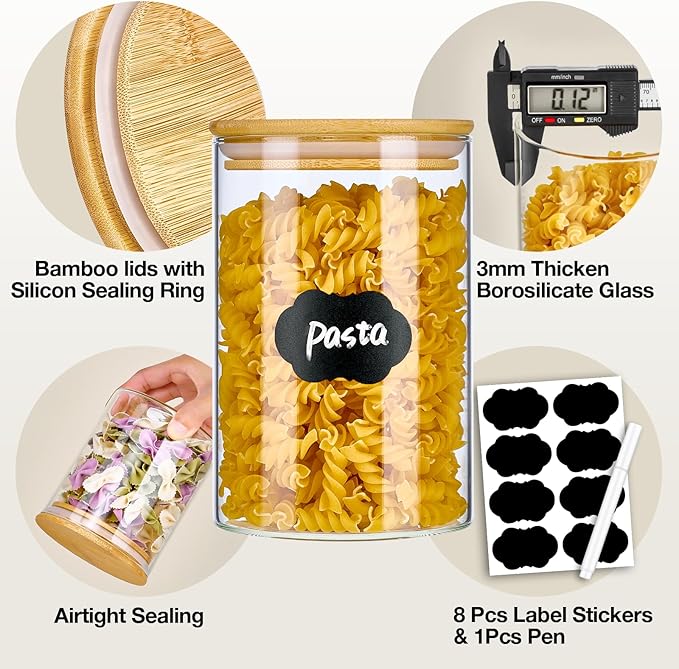 7 Pack Thicker Glass Food Storage Jars with Airtight Bamboo Lids, Clear Glass Storage Containers, Glass Canisters Set for Pasta, Nuts, Coffee Beans, Kitchen Pantry Organization Jar, BPA Free