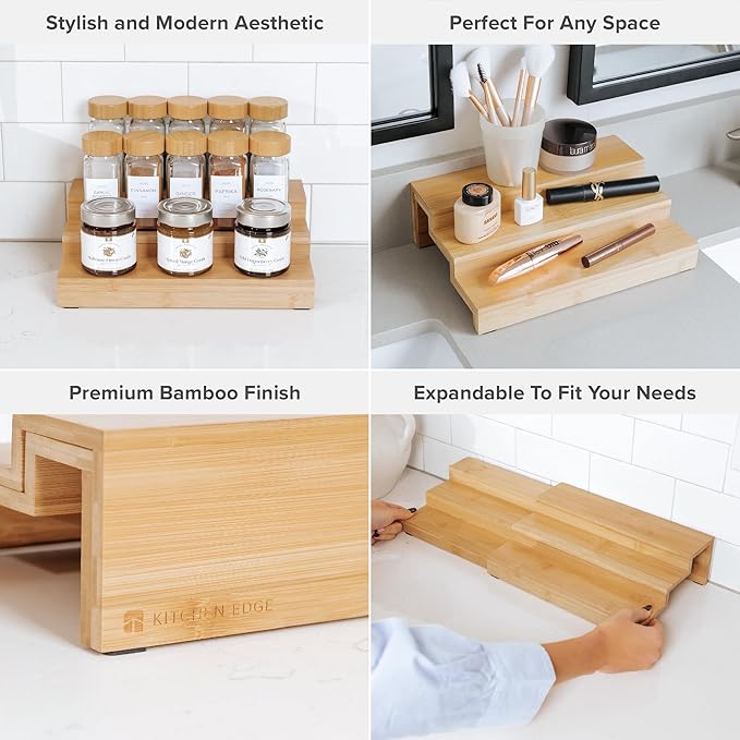 Expandable Spice Rack Organizer for Cabinet, 3-Tier Shelf for Spice Organization (11” to 22”), Fits 36 Spice Jars, Seasoning and Pantry Storage, Non-Slip Feet, 100% Bamboo Wood
